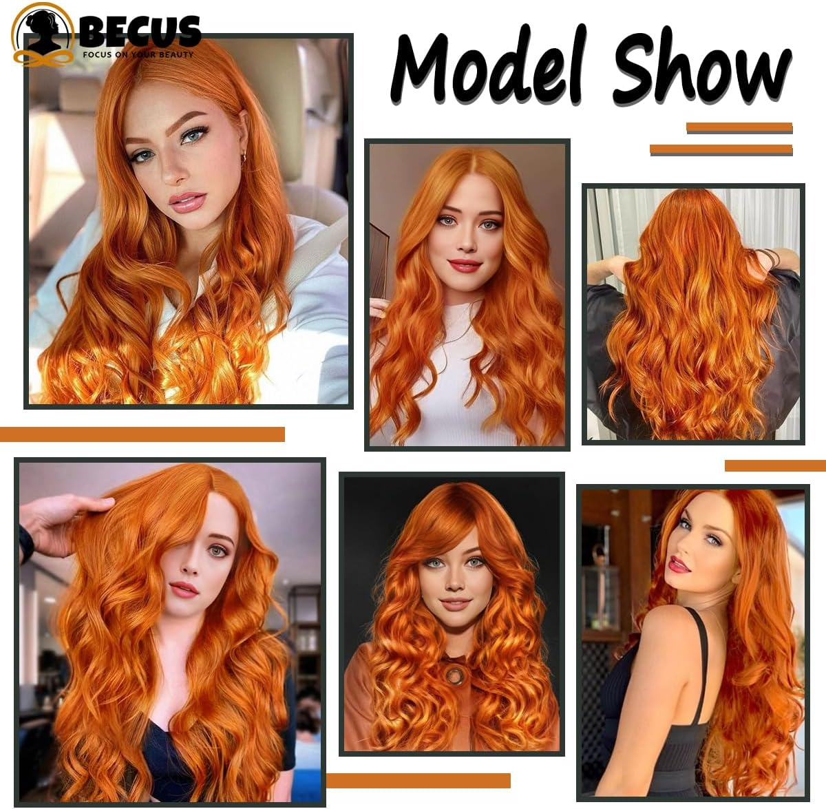 BECUS Long Ginger Wigs for Women Orange Wavy Curly Wig with Bangs Synthetic Hair Wig - 1B image number 5