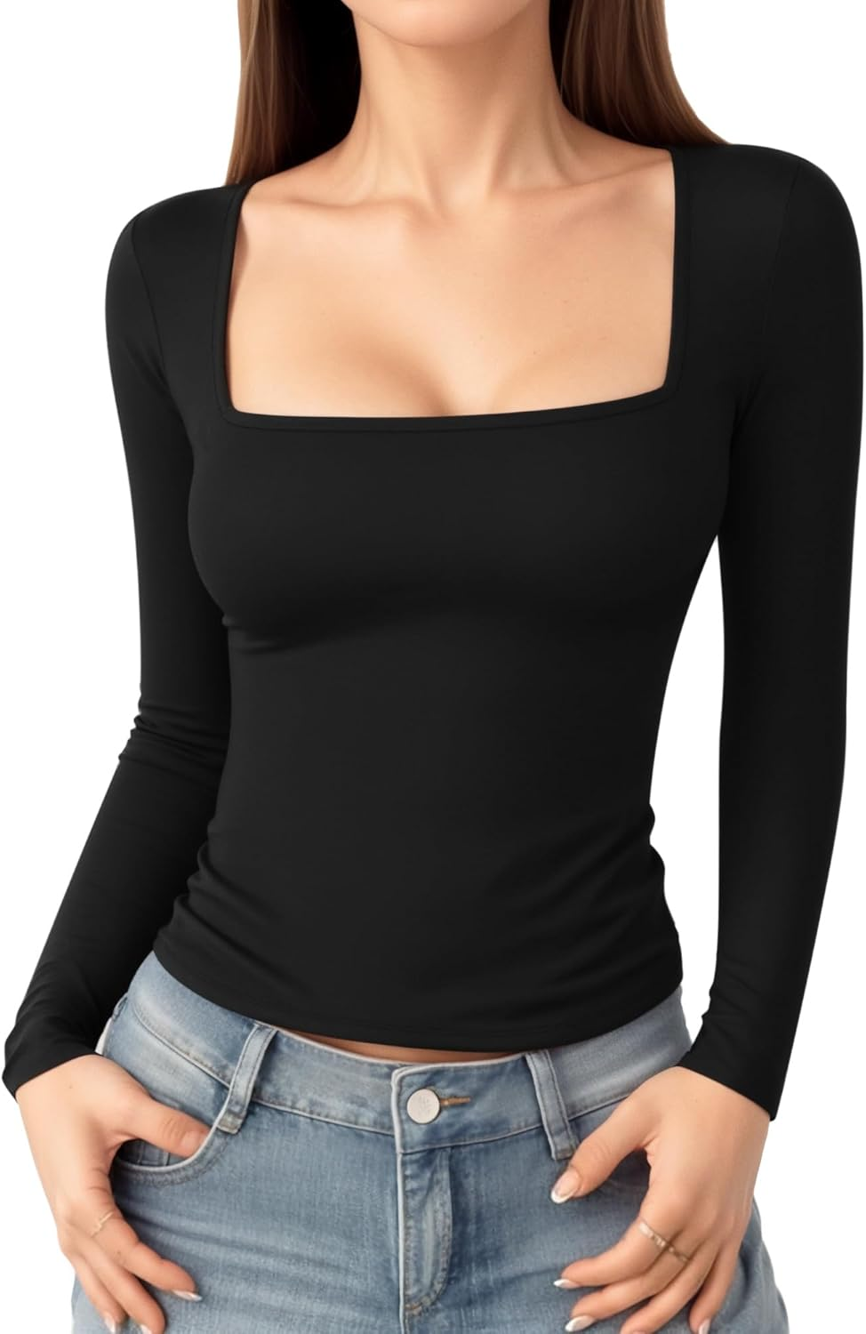 Lotofun Womens Long Sleeve Square Neck T Shirts Tops Slim Fit Going Out Tees