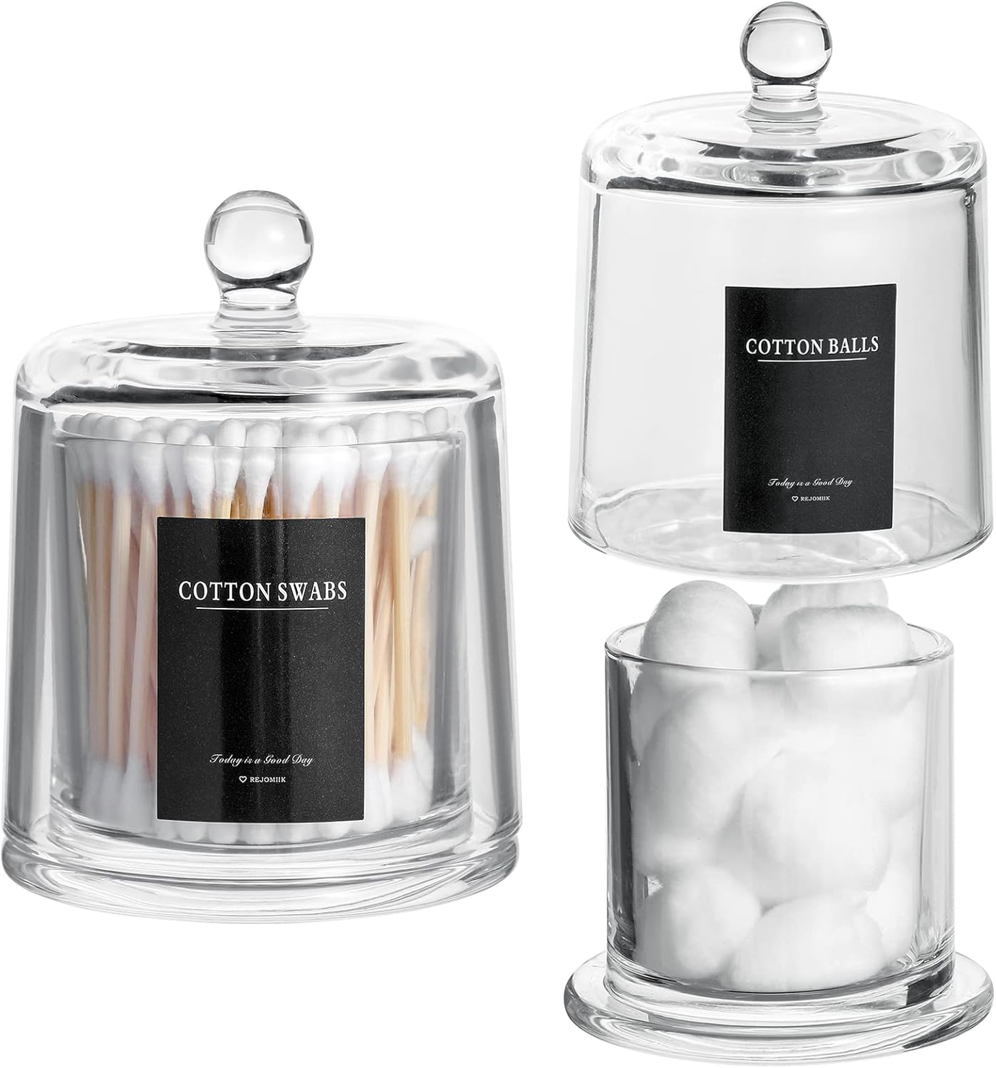 Rejomiik 2 Pack Qtip Holder Thick Glass Apothecary Jars with Lid for Bathroom Accessories Vanity Organizers and Makeup Storage for Cotton Ball, Swabs, Makeup Sponges, Candy, Jewelry, Clear