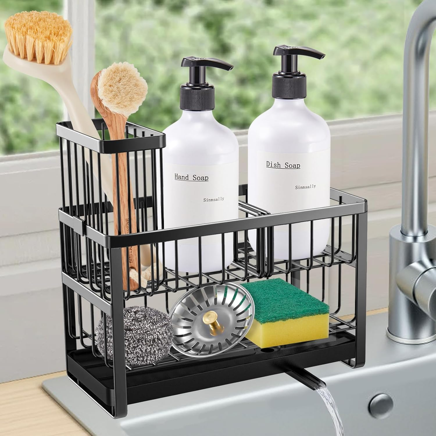 Sponge Holder for Kitchen Sink Organizer,2 Tier Dish Brush Scrubber Holder,Stainless Steel Sink Box Utensil Holder,Soap Dispenser Set Tray Counter Accessories & Storage Rack (Stainless Steel, &lrm;Black) image number 5