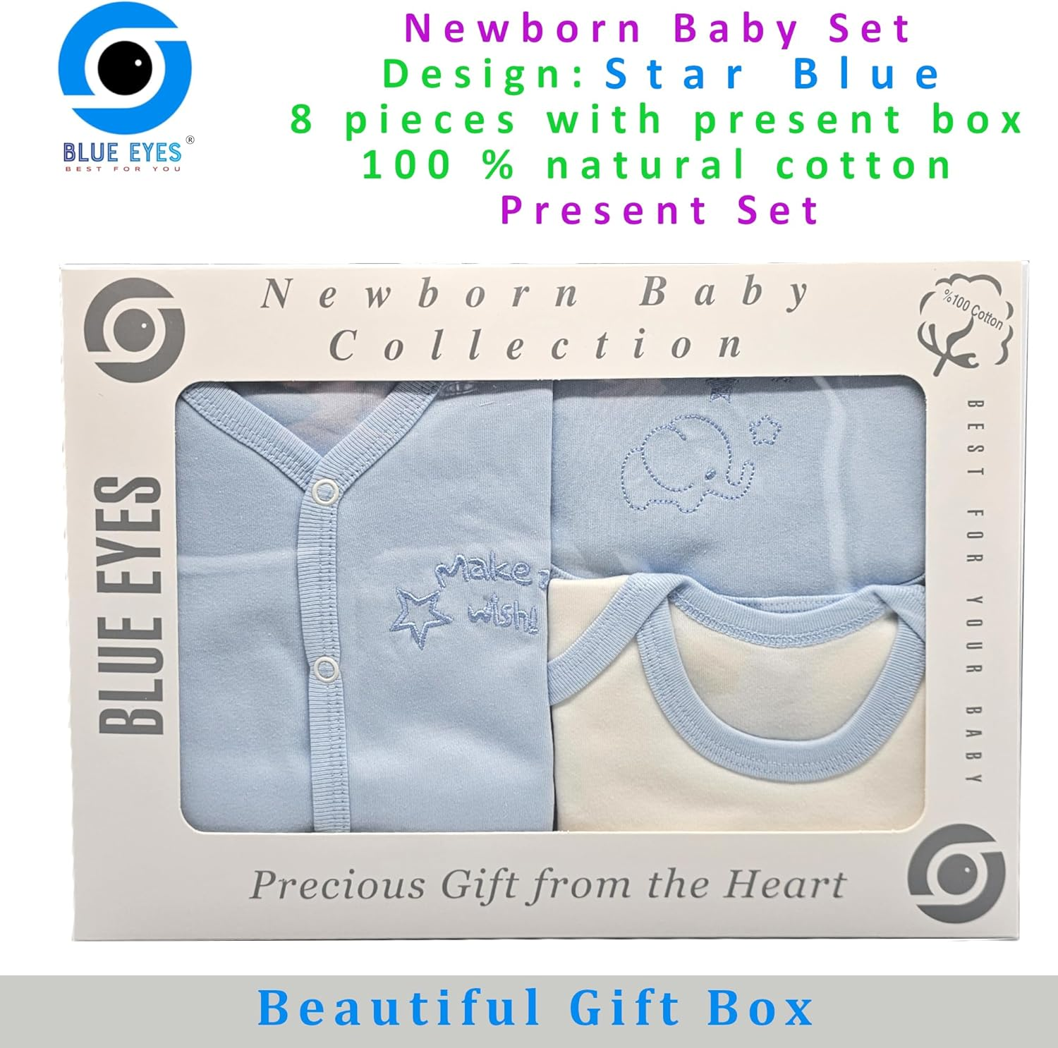 Blue Eyes Newborn Baby Gift Set, 100% Natural Cotton, First Equipment, Boys' Clothing Gift Set, Baby Outfit for Babies, 0-4 Months, 8 Pieces (Star Blue) - Koala image number 4