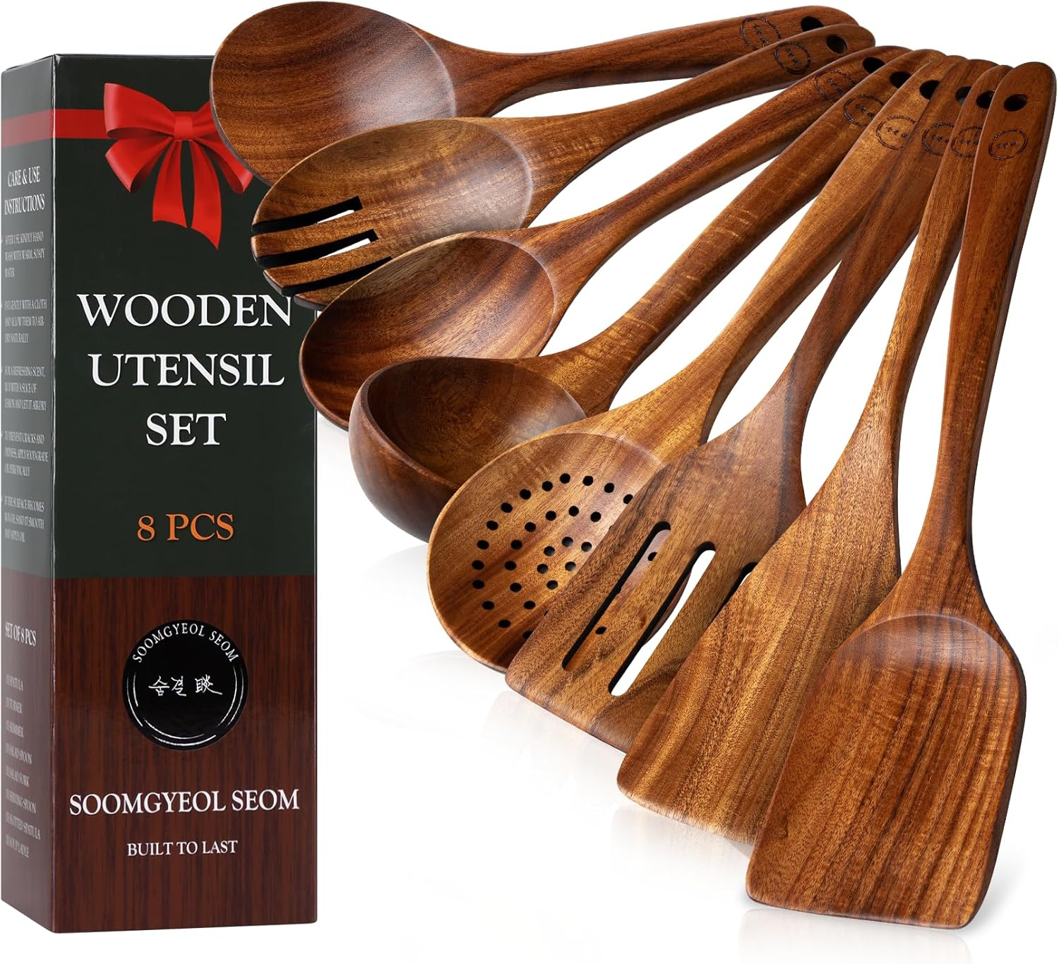 Wooden Spoons for Cooking &ndash; 8-Piece Teak Wood Cookware Utensil Set with Smooth Finish &ndash; Non-Stick, Comfortable Grip - Durable, Heat Resistant Kitchen Utensils