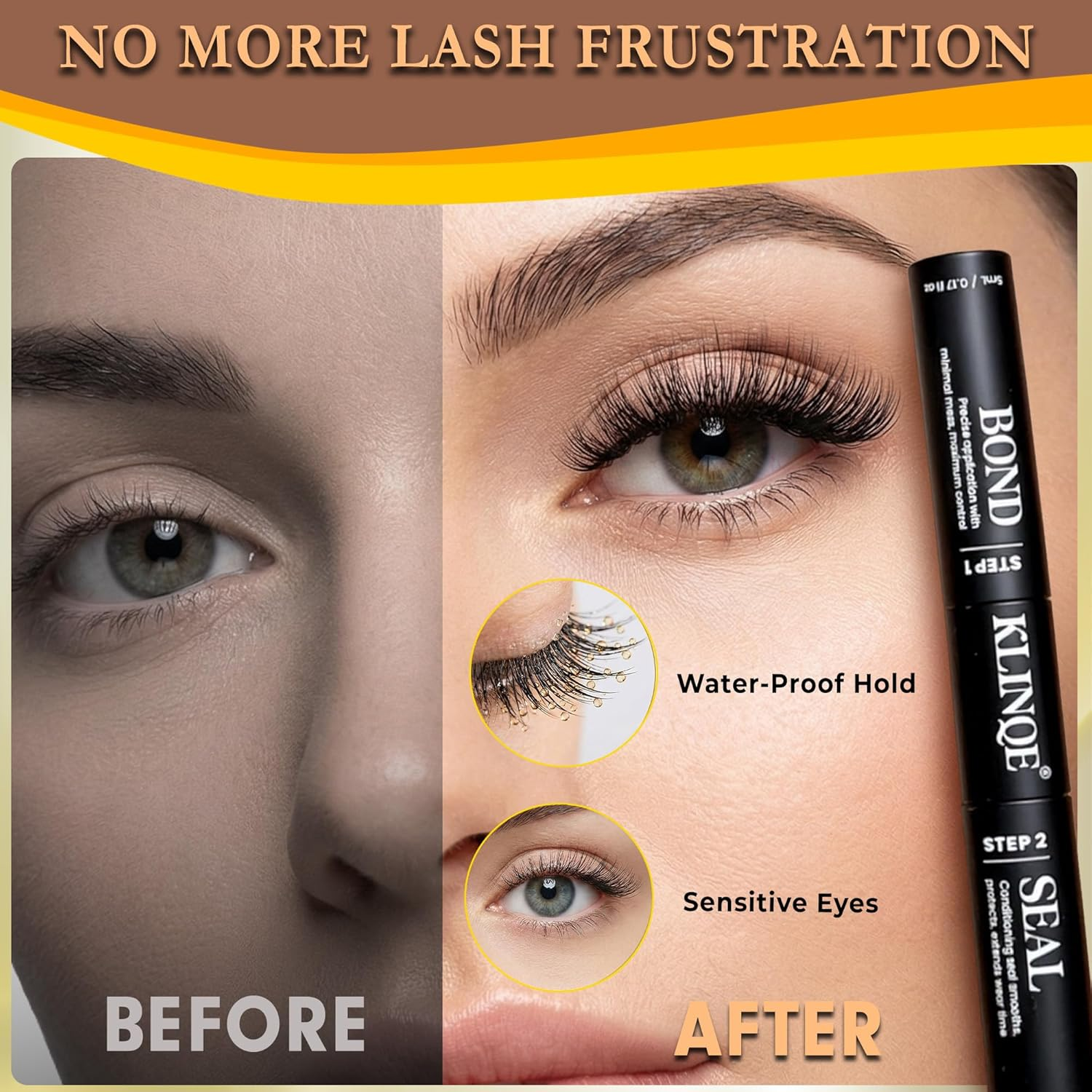KLINQE Bond and Seal 2 in 1 Eyelash Glue &ndash; Waterproof, Long-Lasting Hold, Latex-Free Cluster Lash Adhesive for DIY Lash Extensions (Black Bond & Clear Seal, 10Ml) image number 2