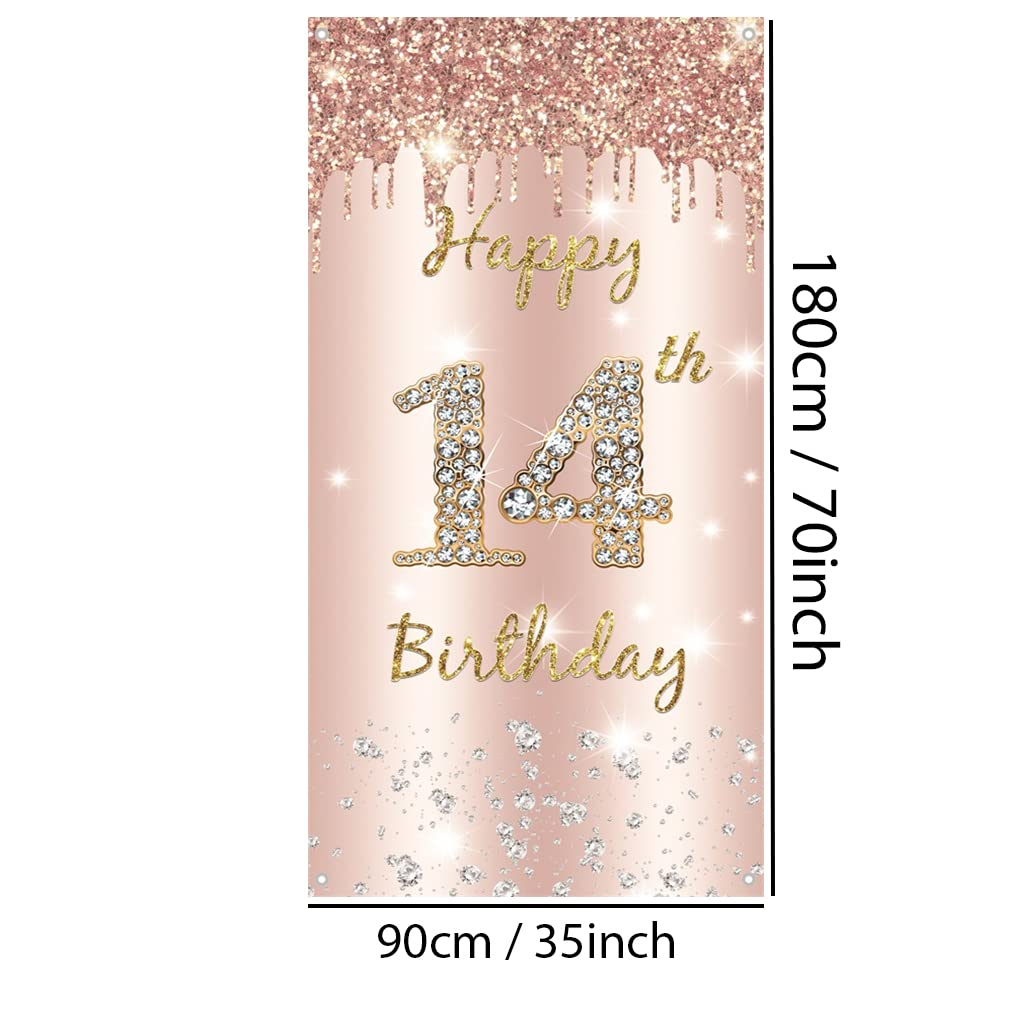 14Th Birthday Decorations for Girl, Happy14Th Birthda Y Backdrop Banner Rosegold Fabric Sign Poster, Girl 14 Years Old Party Supplies Door Banner Welcome Sign, 180 Cm X 90 Cm image number 2