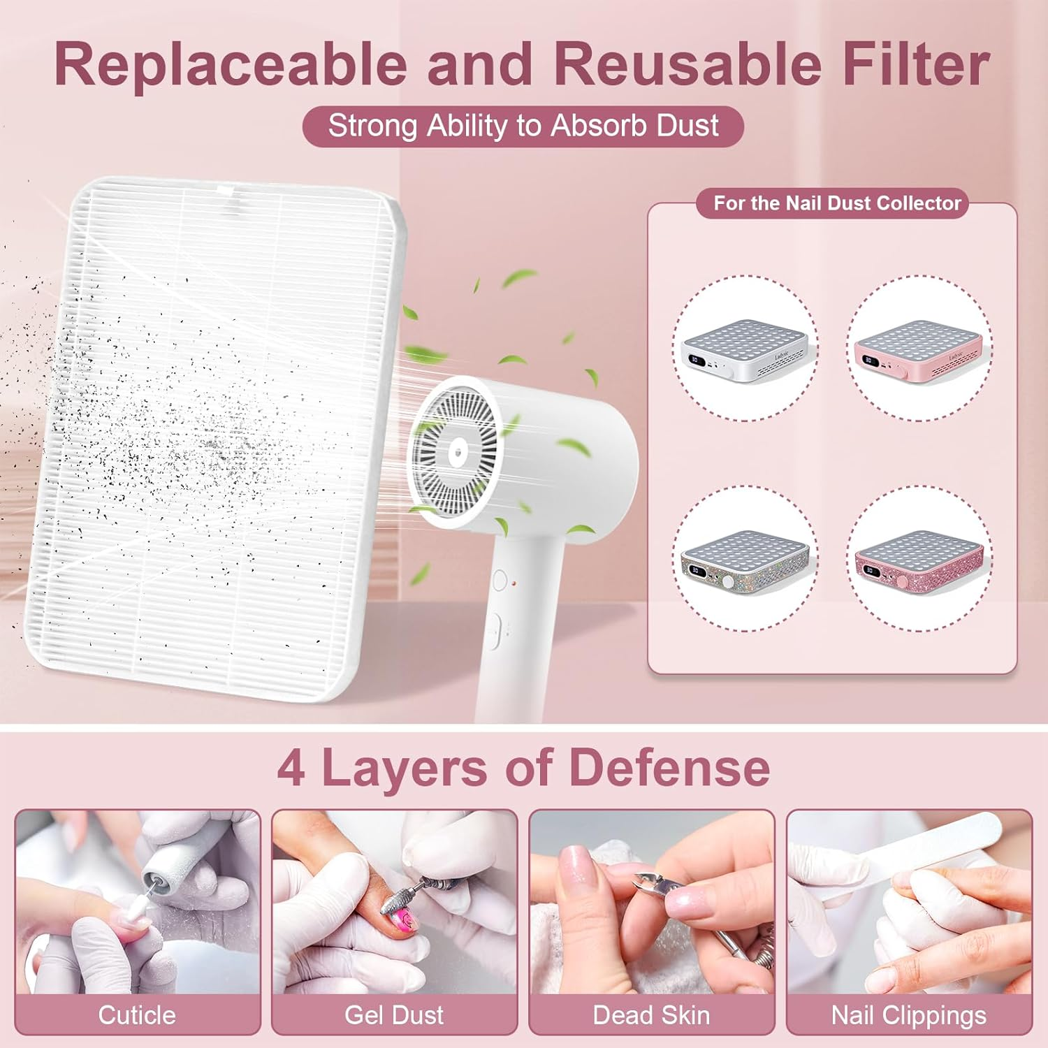 Ludysic Nail Dust Collector with 2 Reusable Filters,Nail Vacuum Dust Collector Quiet for Nail Tech Art, Powerful Nail Fan and Duster Collector,Nail Vacuum Cleaner for Salon and Home(Pink Diamond) image number 6