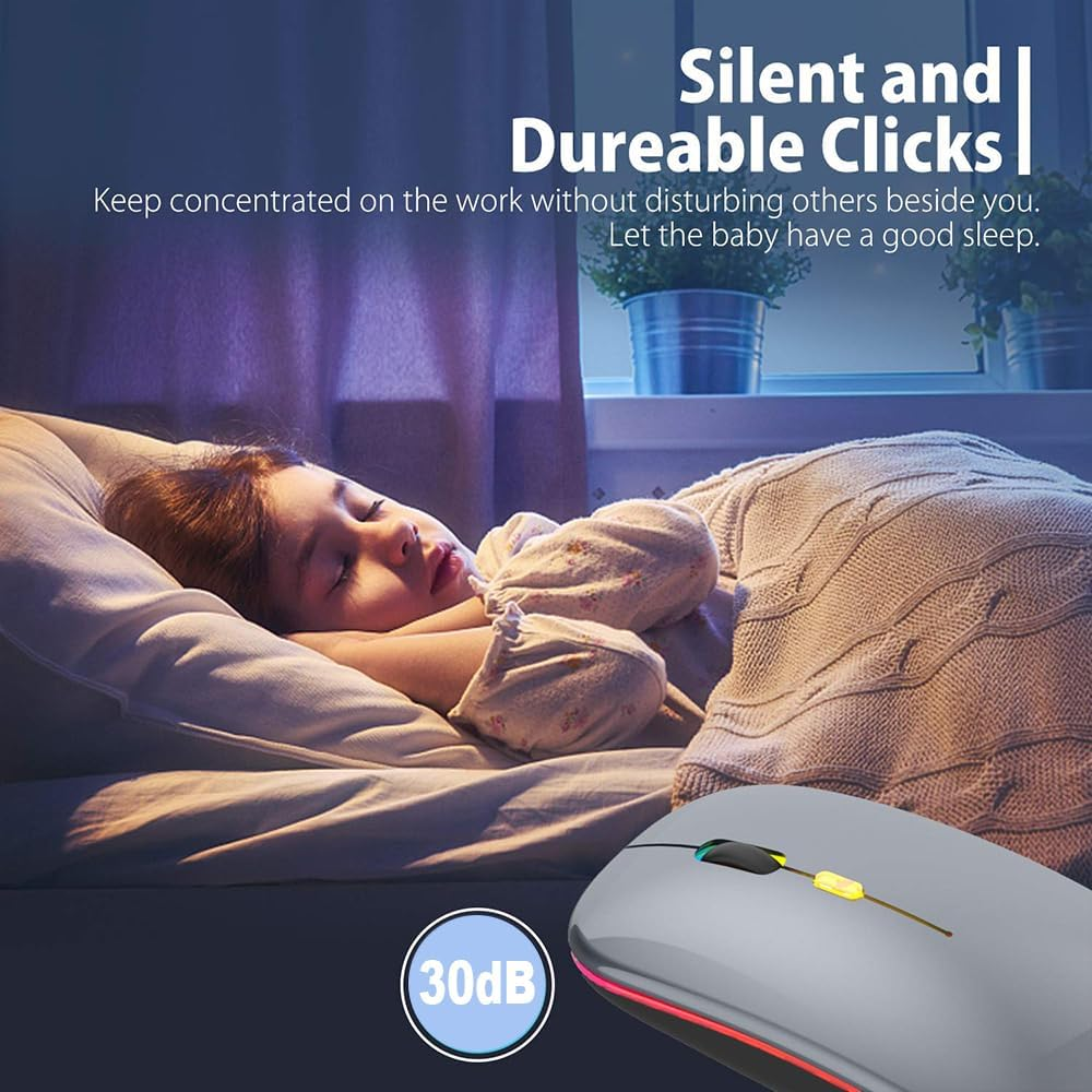 LED Wireless Mouse, Rechargeable Slim Silent Mouse 2.4G Portable Wireless Bluetooth Mouse Dual Mode with USB Receiver and Type C Adapter, 3 Adjustable DPI for Notebook, PC, Laptop (Grey)