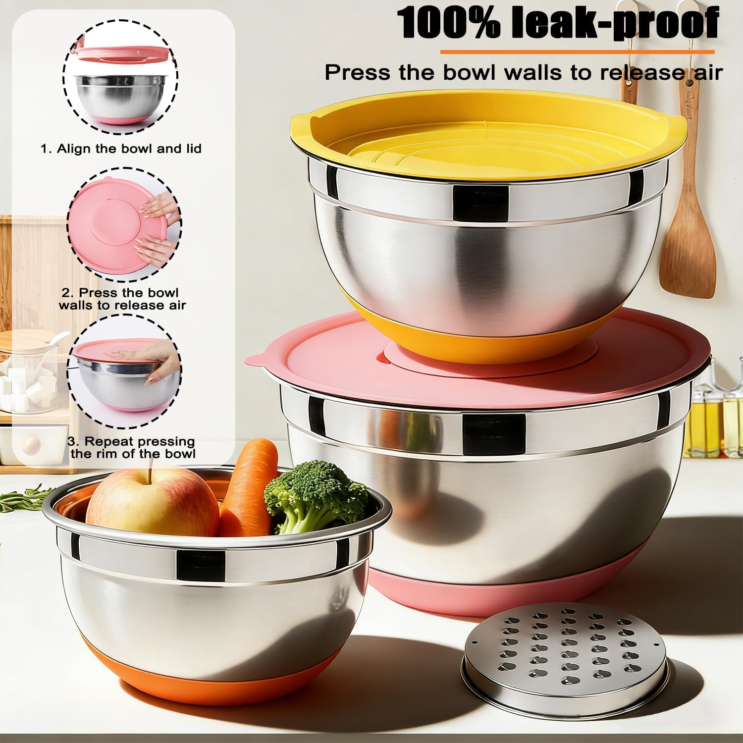 WEKUBA 5-Piece Stainless Steel Mixing Bowls Set with Lids, Non-Slip Silicone Base & 3 Grater Attachments &ndash; Stackable, Dishwasher Safe for Baking & Meal Prep image number 6