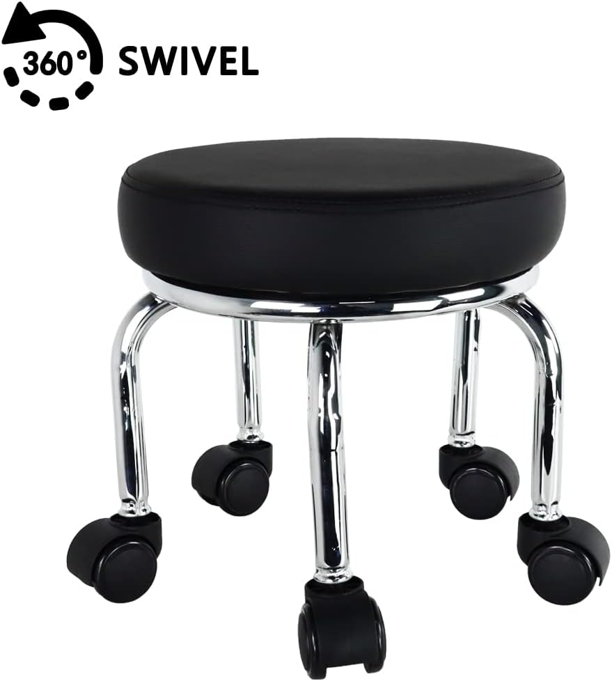 WKWKER Modern Roller Seat PU Leather Low round Rolling Stool 360&deg; Swivel Small Stool with Universal Caster Wheels Foot Stool for Home Office Garage Shop Fitness Sport H：12.4" （Black） image number 1