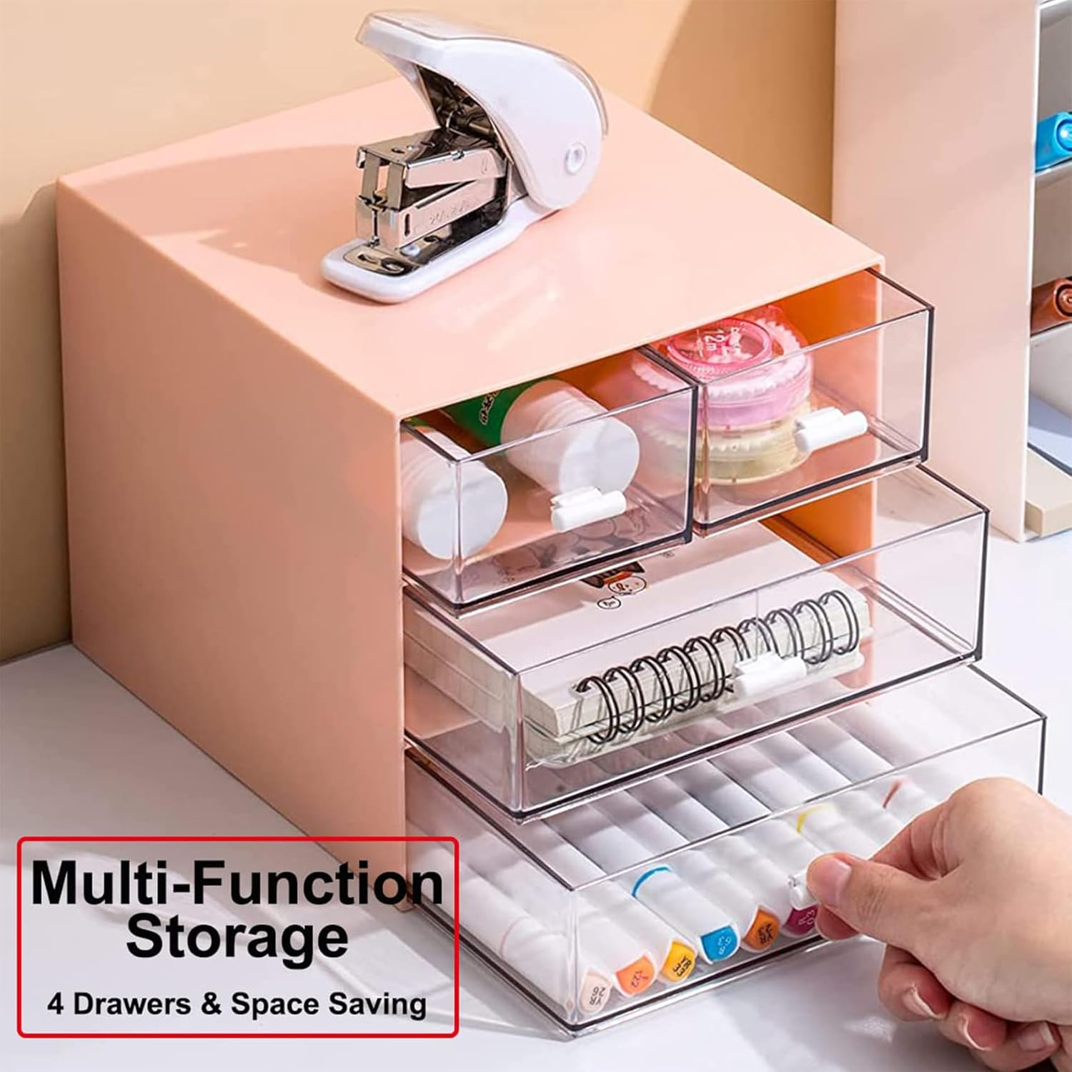 Esk Storage, Makeup Storage Box Clear Plastic Desk Storage Box Cosmetic Storage Organizer with 4 Drawers Desktop Organizer for Office School Home Bathroom, Pink
