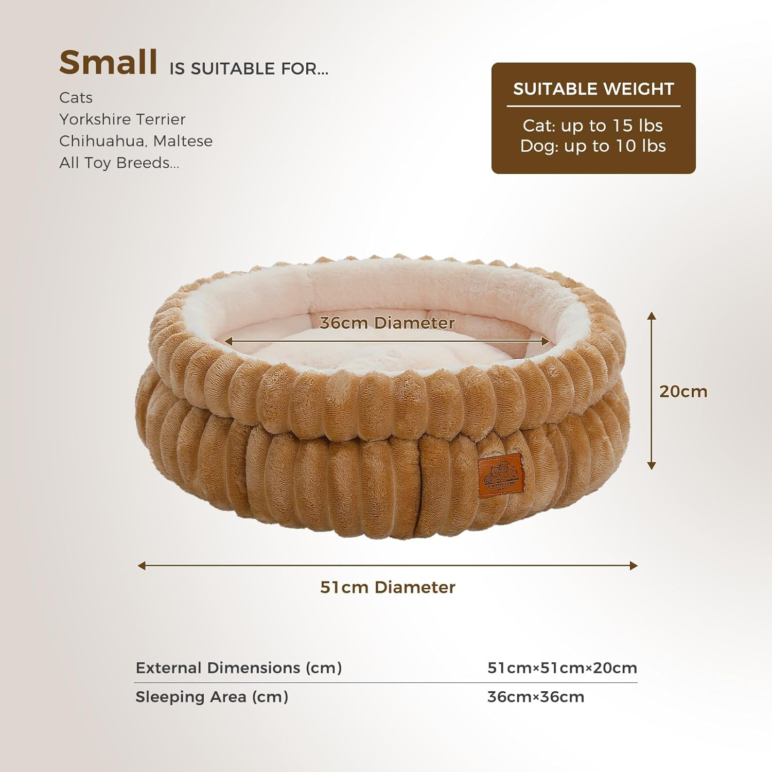 PAWZ Road Washable Cat Bed, Small Dogs, Round, Fluffy Cat Cushion, Cat Sleeping Place Bed, Cat Basket, Brown, 51 X 51 X 20 Cm image number 5