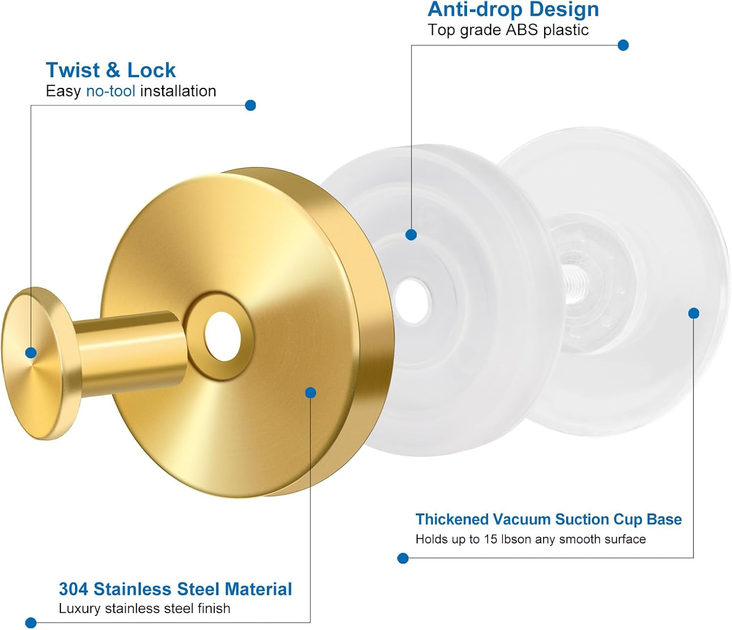 Suction Cup Hooks for Towels Robes, Stainless Steel Shower Hooks for Smooth Wall, Glass, Mirror, Tile in Bathroom Bedroom Kitchen to Hang Swimsuit Loofah Washcloths (4, Gold) image number 3