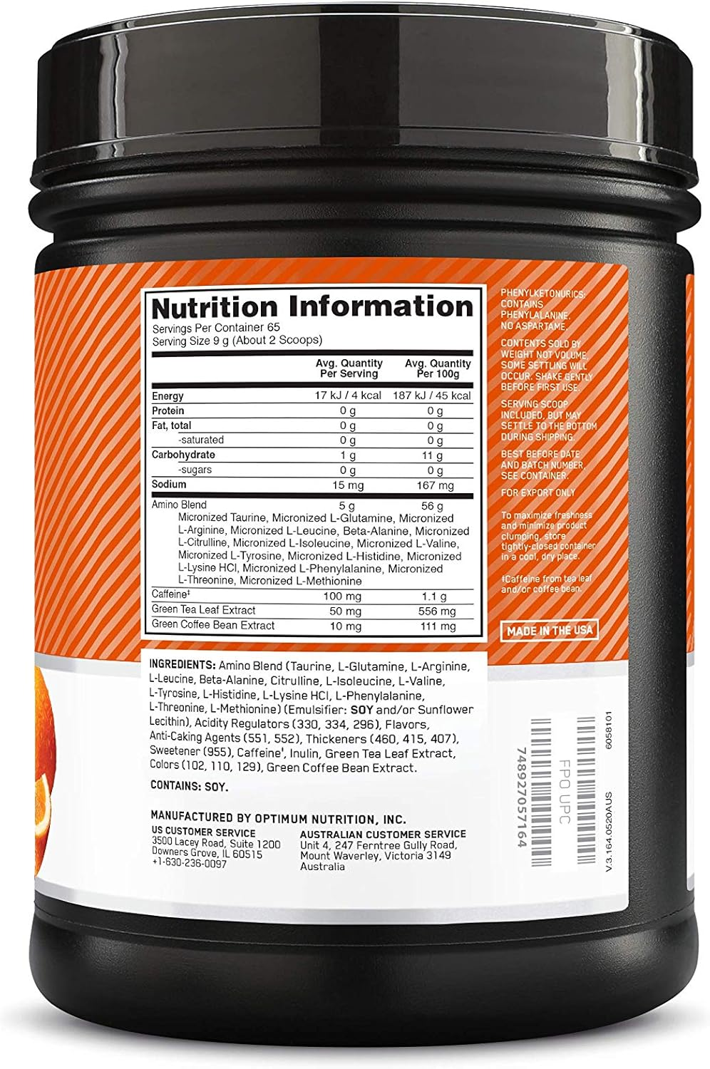 OPTIMUM NUTRITION Amino Energy Powder, Orange, 585G, 65 Servings