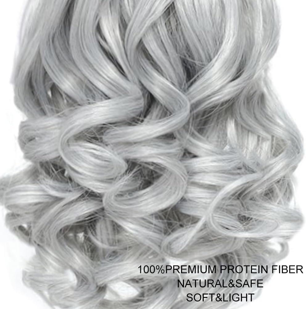 PORSMEER Ponytail Hairpiece with Drawstring, Short Wavy Braid Extension Hair Extensions, Synthetic Wavy Hair Extensions, Clip-In Ponytail, Silver-Grey for Women, 26 Cm image number 1