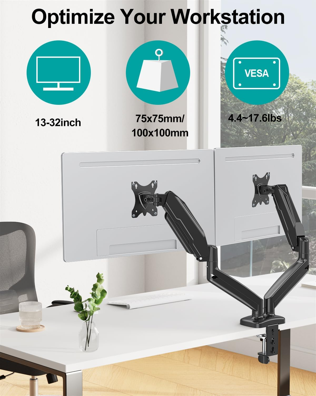 MOUNT PRO Dual Monitor Mount Fits 13 to 32 Inch Screen, Height Adjustable Monitor Stand for 2 Monitors, Gas Spring Display Arm Holds up to 17. 6Lbs Each, Computer Desk VESA Mount, Black image number 4