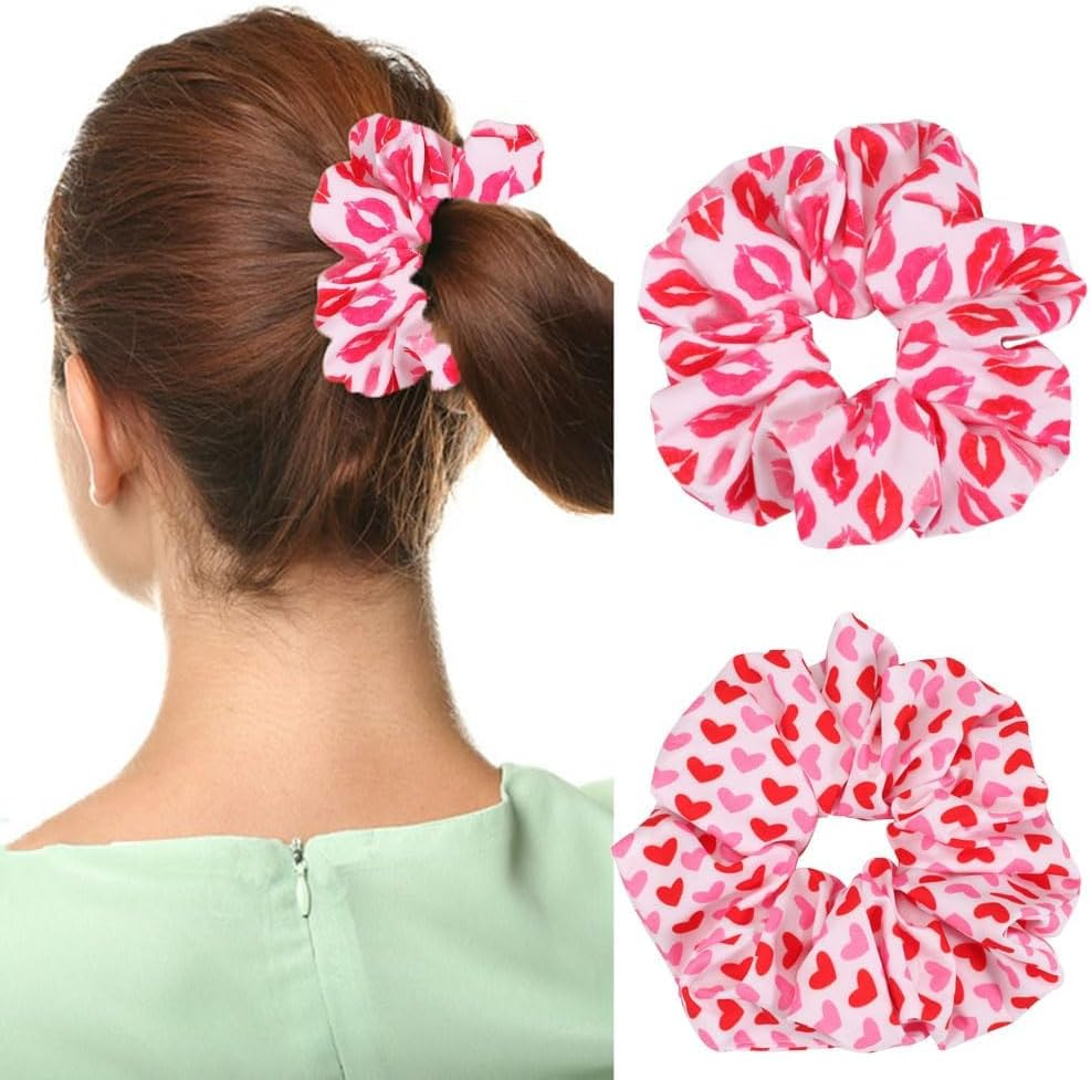 Heart Printed Hair Scrunchies for Girl, 4Pcs Valentines Hair Ties Heart Printed Hair Scrunchie,Valentine Red Lips Printed Hair Scrunchie,Valentine'S Day Hair Scrunchie Pink Red Heart Design Hair Ties image number 4