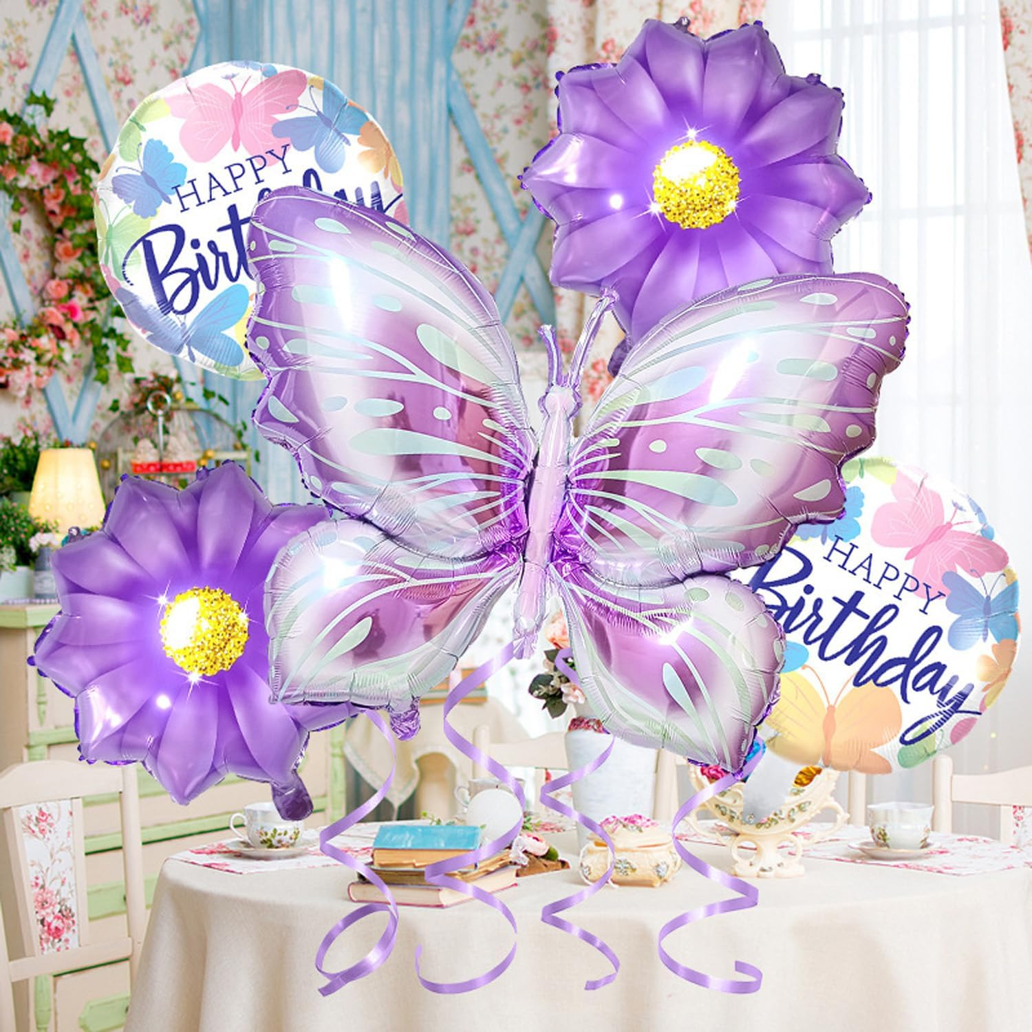 Butterfly Daisy Number Balloons 3Nd Happy Birthday Party Decorations Purple Butterfly Foil Mylar Latex Balloon Set 32Inch Digital Daisy Sequin Birthday Party Decoration Number 3 - Number 2 image number 5