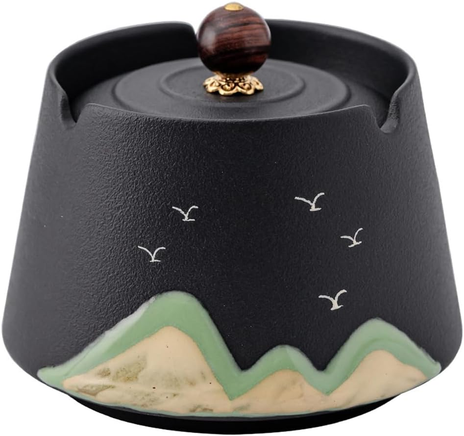 Ashtray Ceramic Ashtray with Lid Windproof Painted Ceramic Hand-Made Ashtray Creative Ash Holder Portable Ash Tray for Home Office Travel Decoration SH0103 (Black)