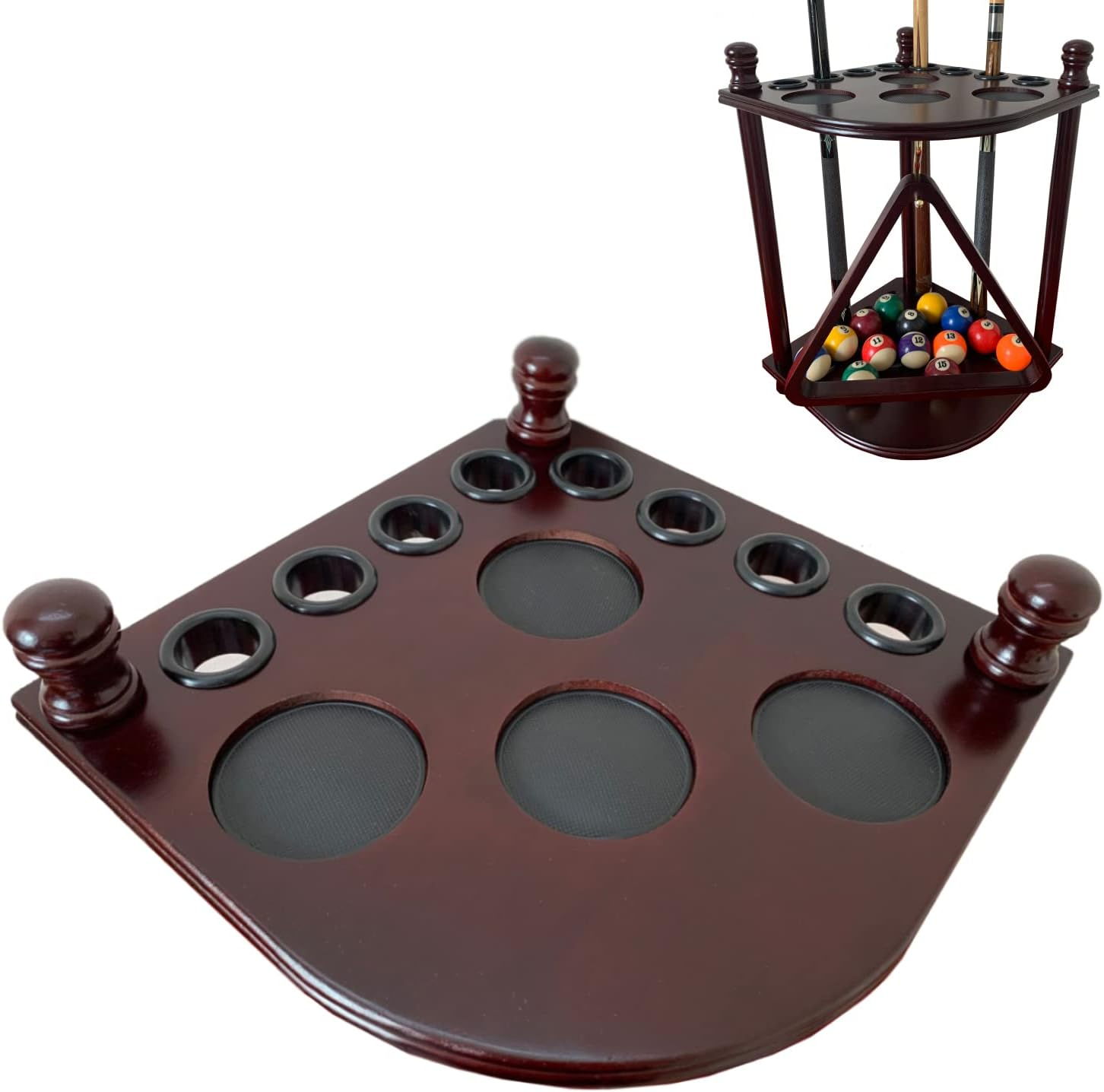 GACCO BILLIARDS Pool Cue Rack Hold up to 8 Sticks & Billiard Accessories. Floor Stand Pool Cue Stick Holder Made of 100% Solid Hardwood.(Traditional Mahogany) - Black image number 5