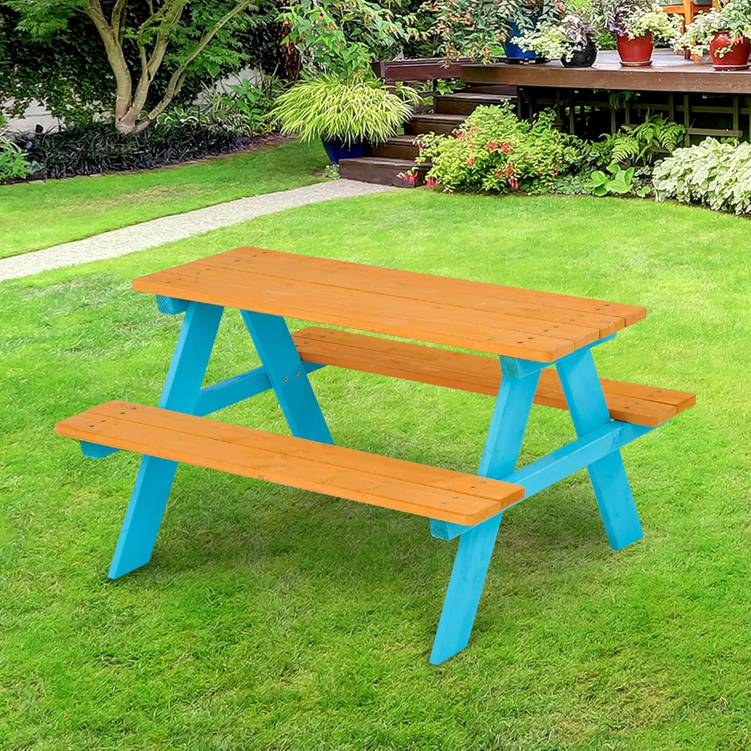 Teamson Kids Outdoor Picnic Table & Bench Set, Aqua/Natural image number 6