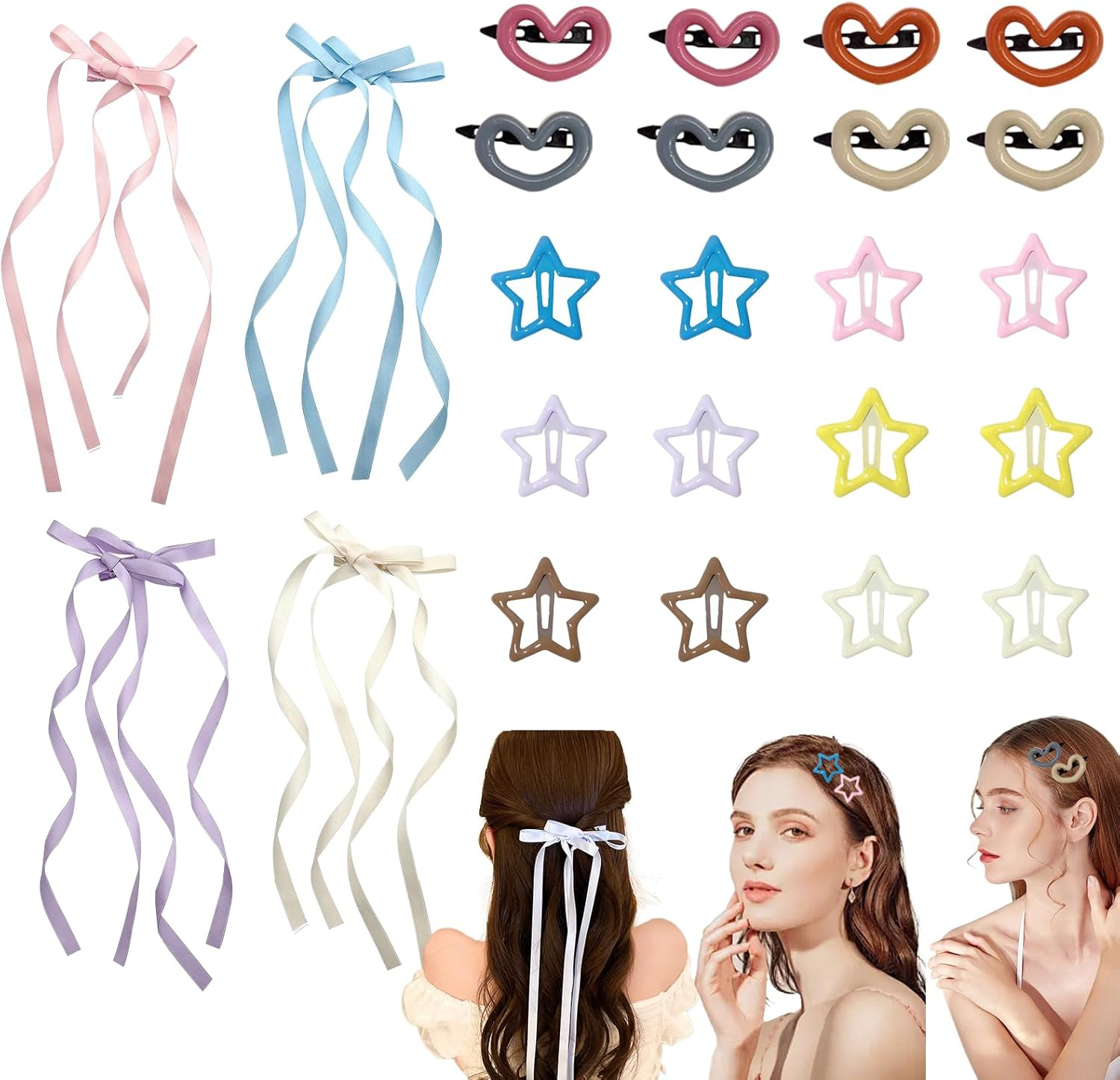 KASESSS 24 Pcs Hair Clips Women and Girls, Heart and Star Hair Clips Set, Long Ribbon Bow Hair Clip Colorful Snap Hair Clips Plastic and Metal Hair Clips Cute Hair Accessories for Daily Party Wedding image number 2