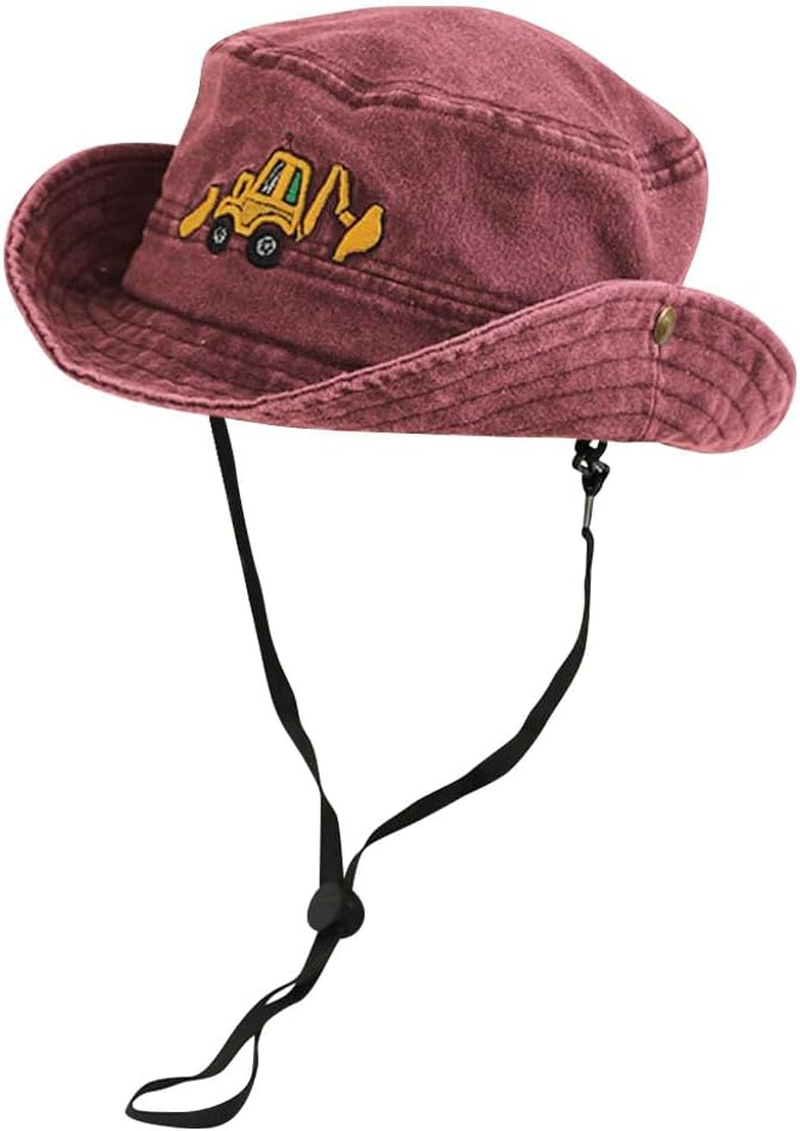 Excavator Embroidered Kids Sun Hat for Boys Girls UPF 50+ Cotton Washed Bucket Cap Wide Brim Toddler Fishing Hat Summer Beach Hat Safari Hat