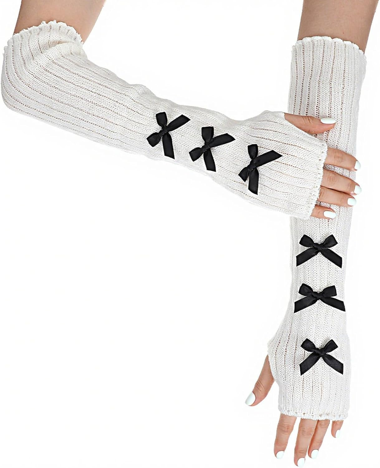 APLZGMG Knitted Arm Warmers, Long-Sleeve Gloves, Y2K Accessories with Bow, Harajuku Lolita Fingerless Mittens for Women Girl