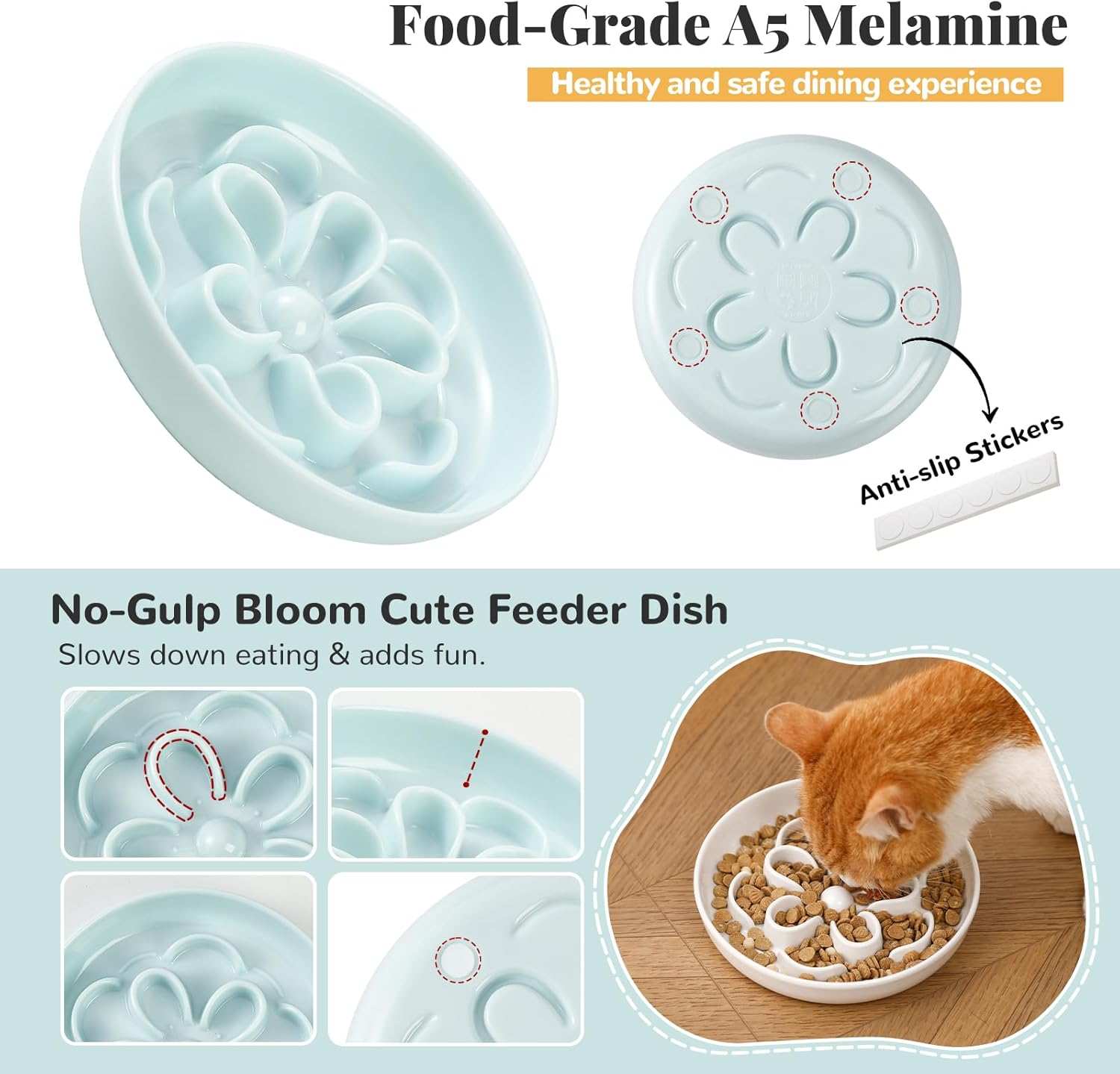Melamine Cat Slow Feeder Bowl - Floral Maze Cat Food Dish - Flat Plate for Dry & Wet Food - Cute Kitten Bowl - Dishwasher Safe - 6.3'' W X 1'' H - 5.5 Oz (160G) - Blue - Green - Stand image number 7