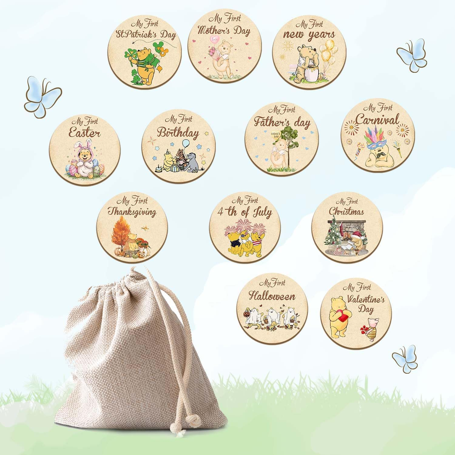 Alodr Winnie 6PCS My First Holiday Milestone Signs, Winnie My First Holiday Baby Milestone Wooden Double, the Pooh Deck Wooden Discs Announcement Sign,Winnie Gifts