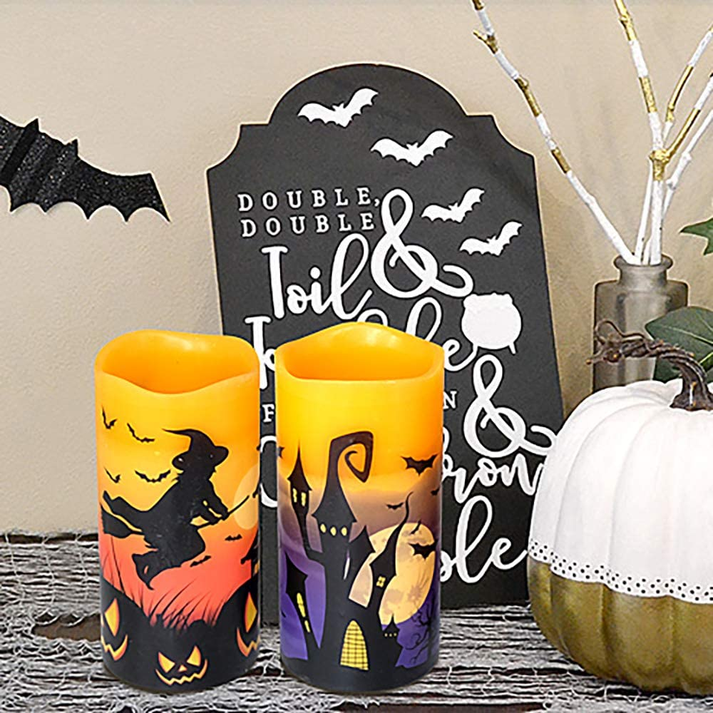 Eldnacele Halloween Flameless Flickering LED Candles with 6-Hour Timer, Battery Operated Wax Candles Assorted Decals Witch, Pumpkin, Bats, Castle Set of 3 for Decoration image number 2