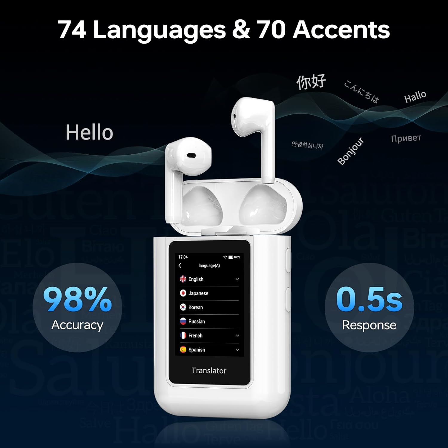 ANFIER A8 AI Translation Earbuds Real Time, Chatgpt Translator Device in 144 Languages, Audifonos Traductores Ingl&eacute;s Espa&ntilde;ol Real-Time No APP Required, Offline Language Traductor for Travel (White) image number 3