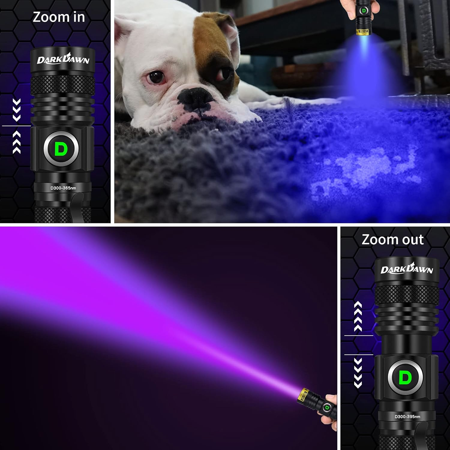 DARKDAWN UV Torches 365 Nm and 395 Nm Light USB Rechargeable Ultraviolet LED Black Light Woodsche Lamp, Mini Detector for Pet Urine, Stains, Uranium Glass, Amber, Resin Hardening, Pack of 2 image number 1