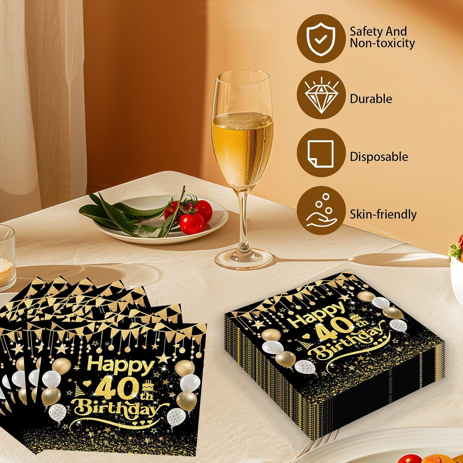 50Pcs Black and Gold 40Th Birthday Napkins - Disposable Paper Serviettes for Table Decorations for Boys Girls Men Him Her