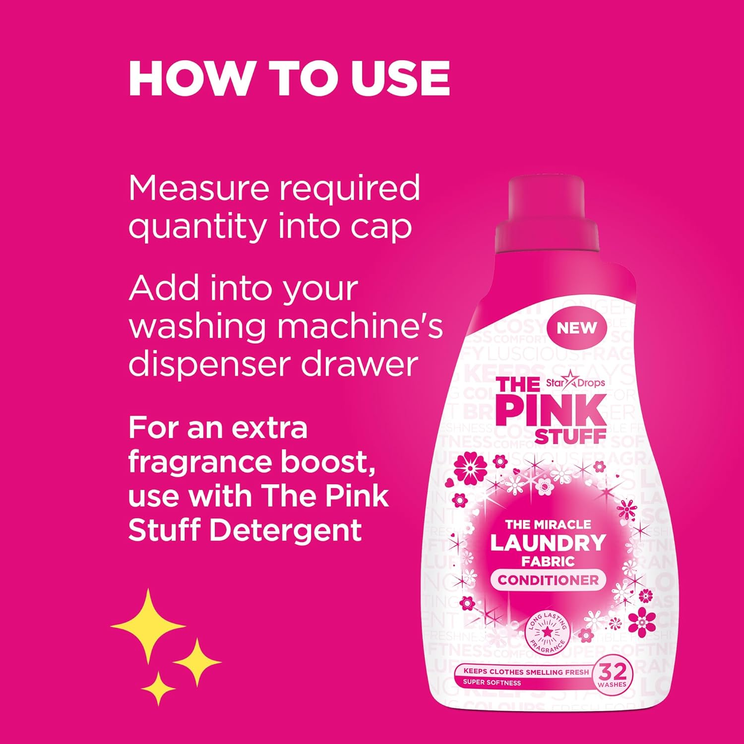 The Pink Stuff Miracle Laundry Fabric Conditioner (960Ml) - Vegan Friendly, Rhubarb Scented Fabric Softener for Soft, Fluffy Clothes image number 1
