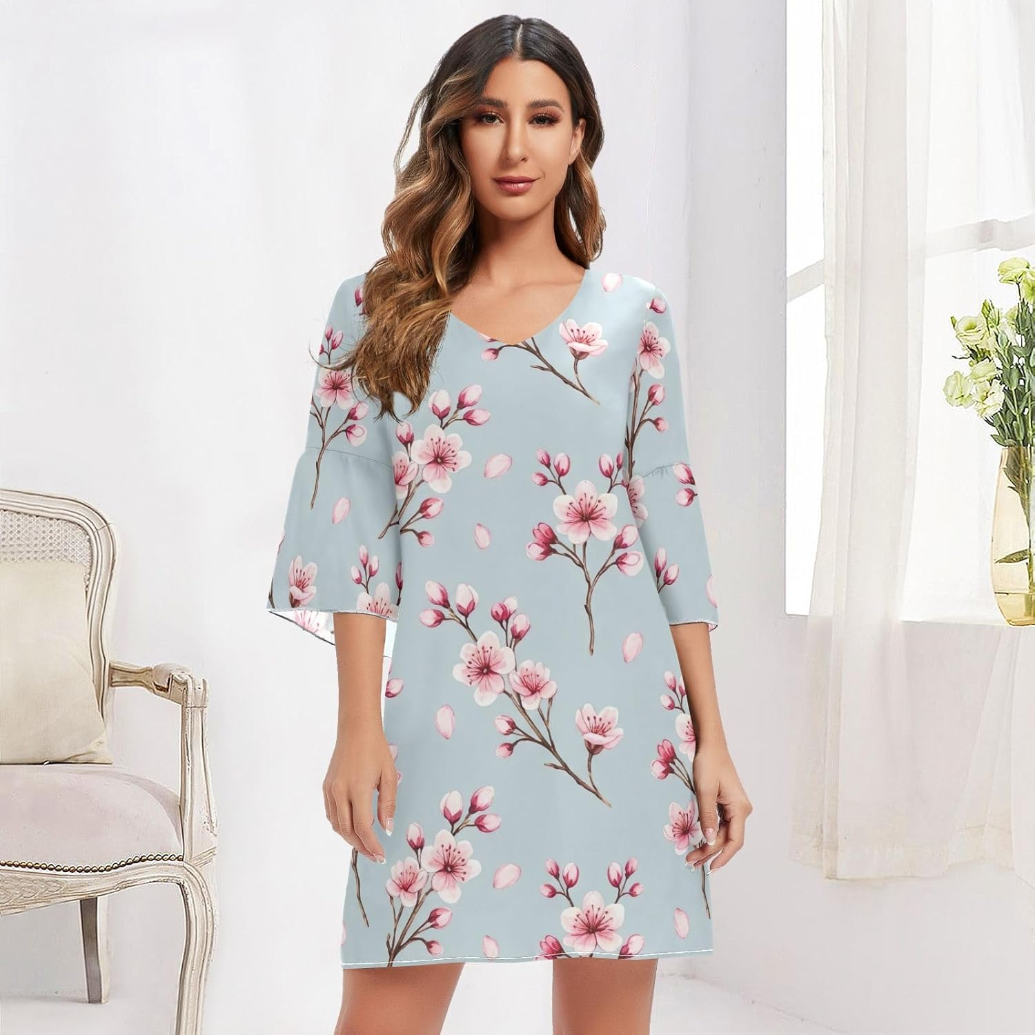 Cherry Blossom Pink Blue V Neck Line Dress Printed Line Maternity Dress image number 1