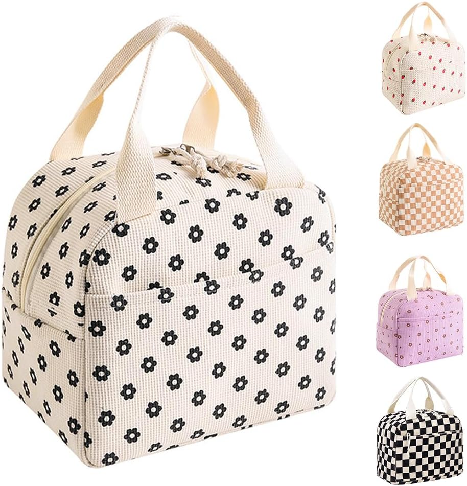 Insulated Lunch Bag for Kids & Adults, Reusable Corduroy Lunch Box Tote Bags, Leakproof Cooler Bag for Work Office Picnic School Travel BBQ, Large Capacity & Cute Design (Beige Strawberry)