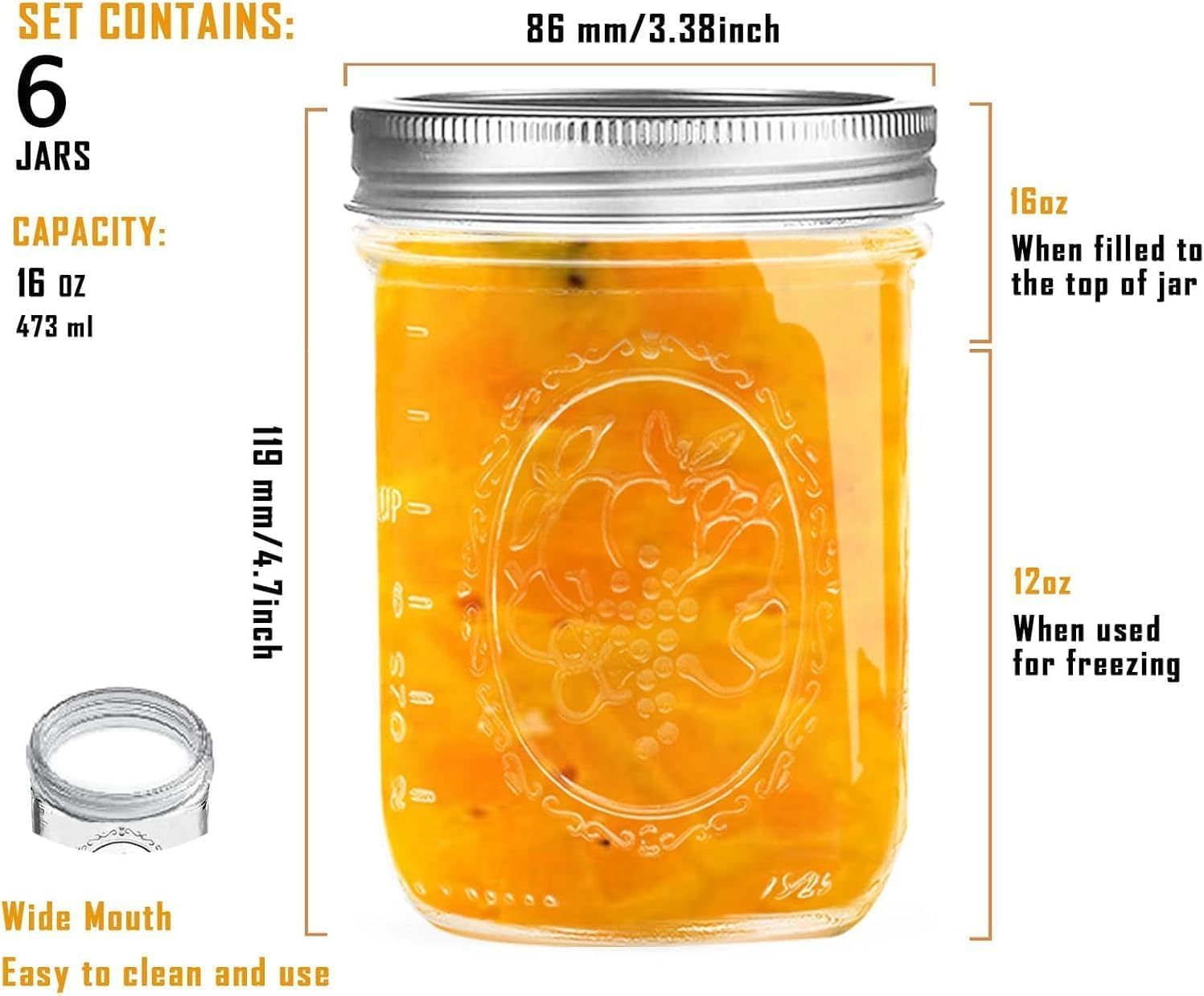 16 Oz Wide Mouth Mason Jars Mason Jars with Airtight Lids and Bands for Canning, Fermenting & Pickling (4) image number 1