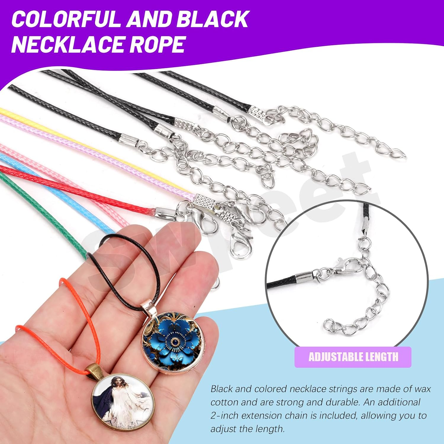 Swpeet 61Pcs 6 Colors round Pendant Trays Set for Jewelry Making, 30Mm round Bezel Pendant Trays, Clear Glass Cabochons, Chain and Waxed Necklace Cord for Photo Pendant image number 6