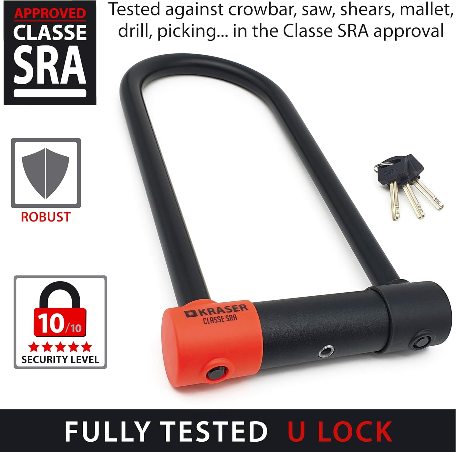 KRASER KR120L Robust U Lock Motorcycle, SRA Approved, Tested High Security, 120X310Mm/4.7X12.2In &Oslash;18Mm/0.7 Shackle Double Locking, Anti-Pick Lock, Heavy Duty anti Theft U Lock for Moto Scooter Ebike