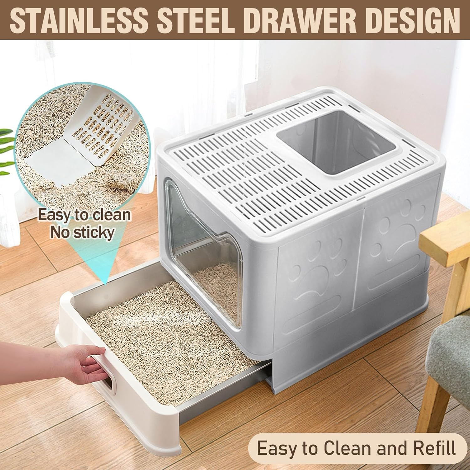 Amibud Stainless Steel Enclosed Cat Litter Box with Lid, Foldable Metal Enclosed XL Top Entry Kitty Litter Pan Tray with Scoop,Easy to Clean(Gray) image number 3