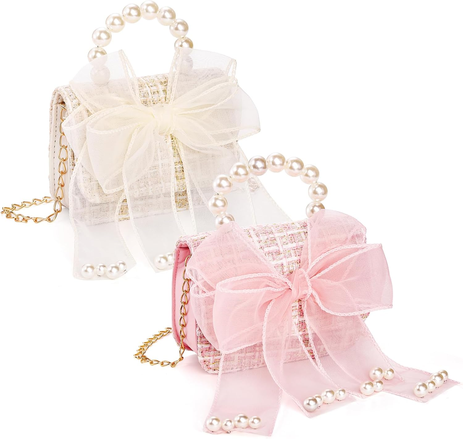 Mezchi 2 Pack Kids Purse for Little Girls, Mini Toddler Crossbody Purse with Bowknot, Cute Fashion Princess Handbags with Pearl Handle, Detachable Gold Chain, Pink, Beige image number 2