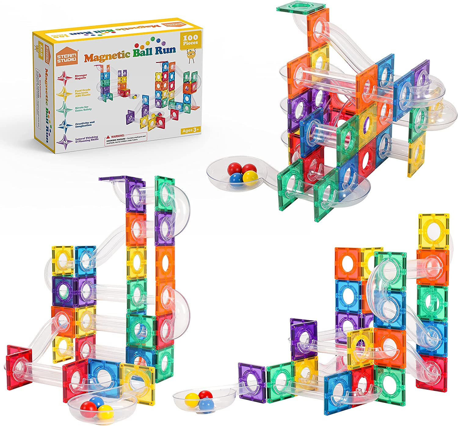 STEAM STUDIO Magnetic Tiles Marble Run 100Pcs, Rivet Secured Magnetic Tiles Connector with Clear Tubes, Building & Construction Toys for Open-Ended Play image number 3