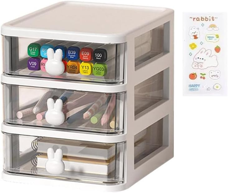 AIMALL Bunny Desktop Storage Box &ndash; Transparent Drawer Organizer for Students and Cosmetics, 3-Tier Plastic Finishing Box, 6.69 X 5.28 X 6.3 Inches, Pink/White