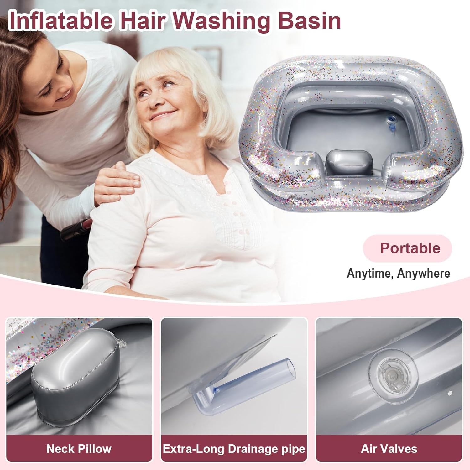 Inflatable Hair Washing Basin, Portable Shampoo Bowl with Pillow and Drain Hose, Hair Washing Basin for Bedridden, Disabled, Injured, Perfect for Dreadlocks, Curly Hair, Thick Hair (Grey) image number 2