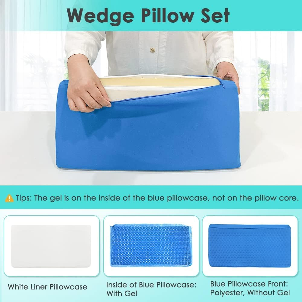 NEPPT Pillow Wedge for Sleeping after Surgery Bed Incline Pillow Waterproof Foam Wedge Cover Patient Turning Device Prevention Bed Sores Relieve Back Pain Pregnancy Body Positioners (Blue - Gel) image number 3