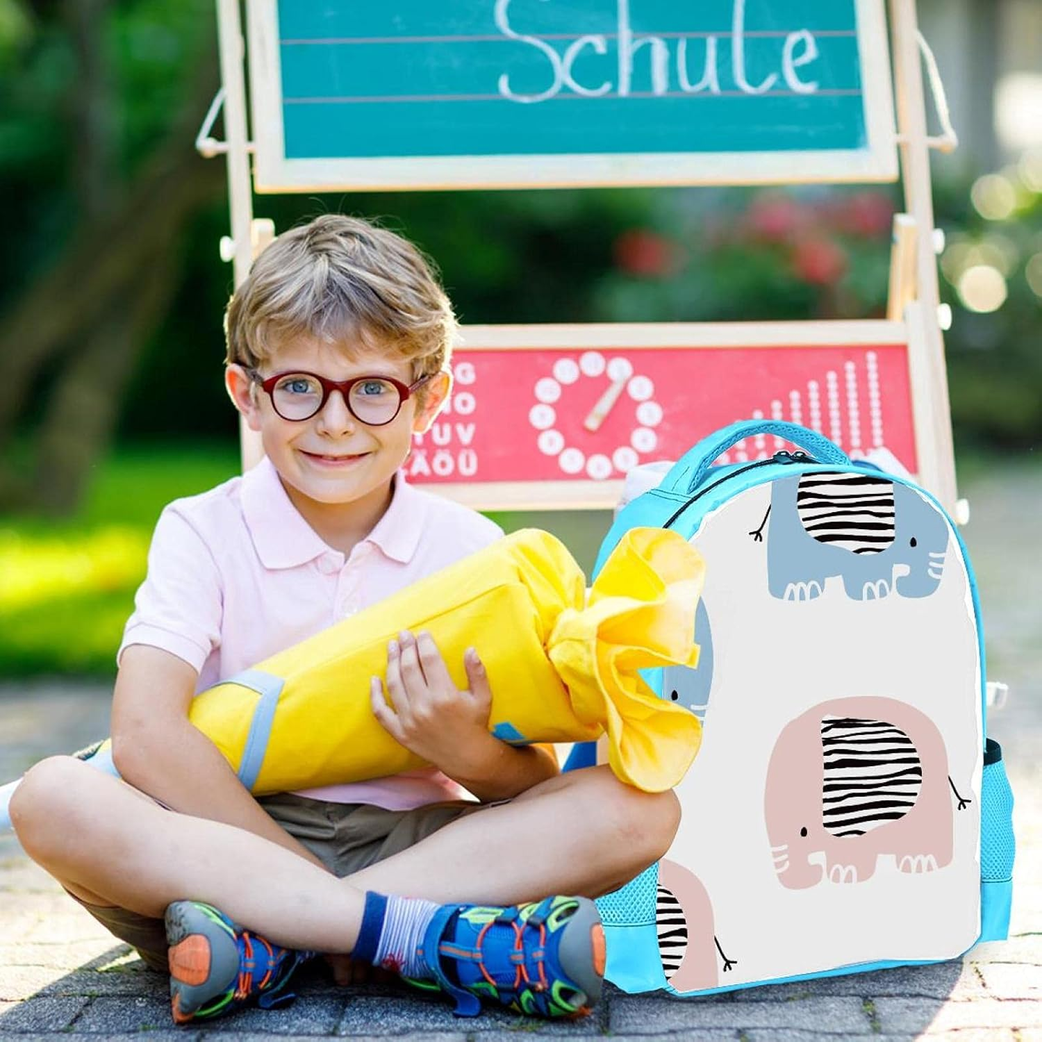 Blue Backpack Boy Bookbags Rucksack Men Travel Handbag Daypack Pink Blue Elephants Pattern Cartoon image number 1