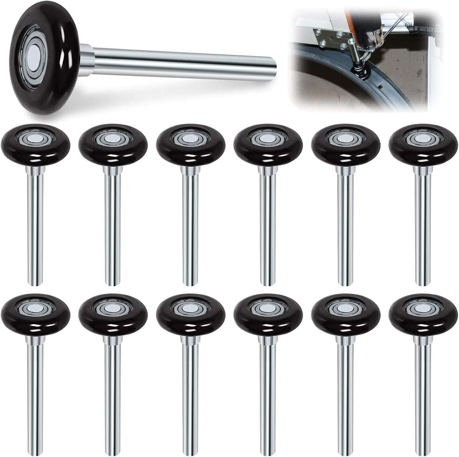 Swpeet 12Pcs 1.8" Black Quiet Garage Door Rollers - Nylon Wheels Replacement, Reinforced Dual Cage, Sealed 6200ZZ Ball Bearing 4" Stem, High Performance for Track