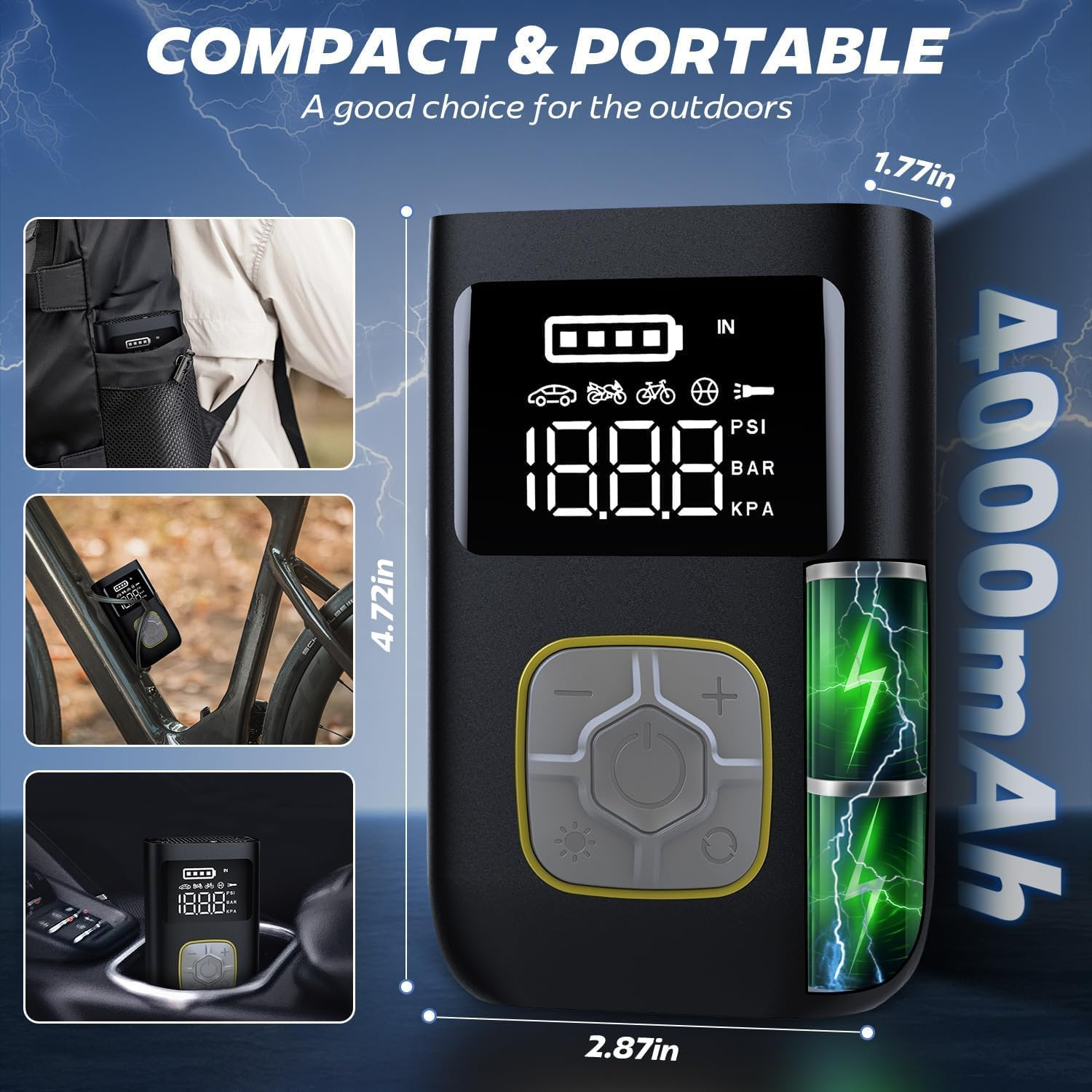 Cordless Tire Inflator Portable Air Compressor, 4000Mah 150PSI Portable Air Compressor Pump with LCD Display, LED Light & Tire Pressure Gauge for Car, Motorcycle, Bike, Ball image number 3