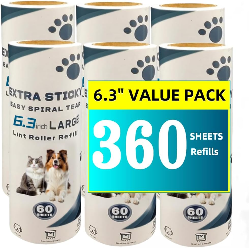 Bryzant Large Lint Roller Refills 6.3 Inches Pet Extra Sticky Refills 360 Sheets for Cat and Dog Hair Removal Clothes Carpet Couch Floor Remove Dust(6) image number 1