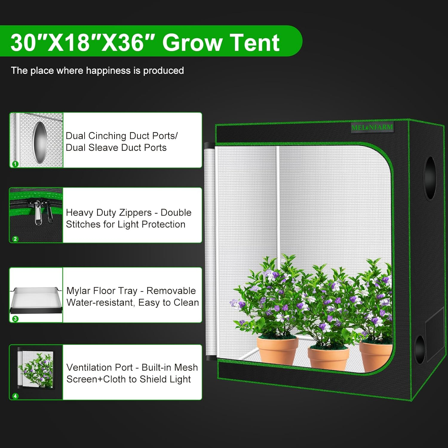 MELONFARM Small Grow Tent for Aerogarden，30&rdquo;X18&rdquo;X36&rdquo; ，Hydroponics Growing System ，Highly Reflective 600D Diamond Mylar Canvas with Ventilation Window and Floor Tray for Hydroponic Indoor Plant Growing