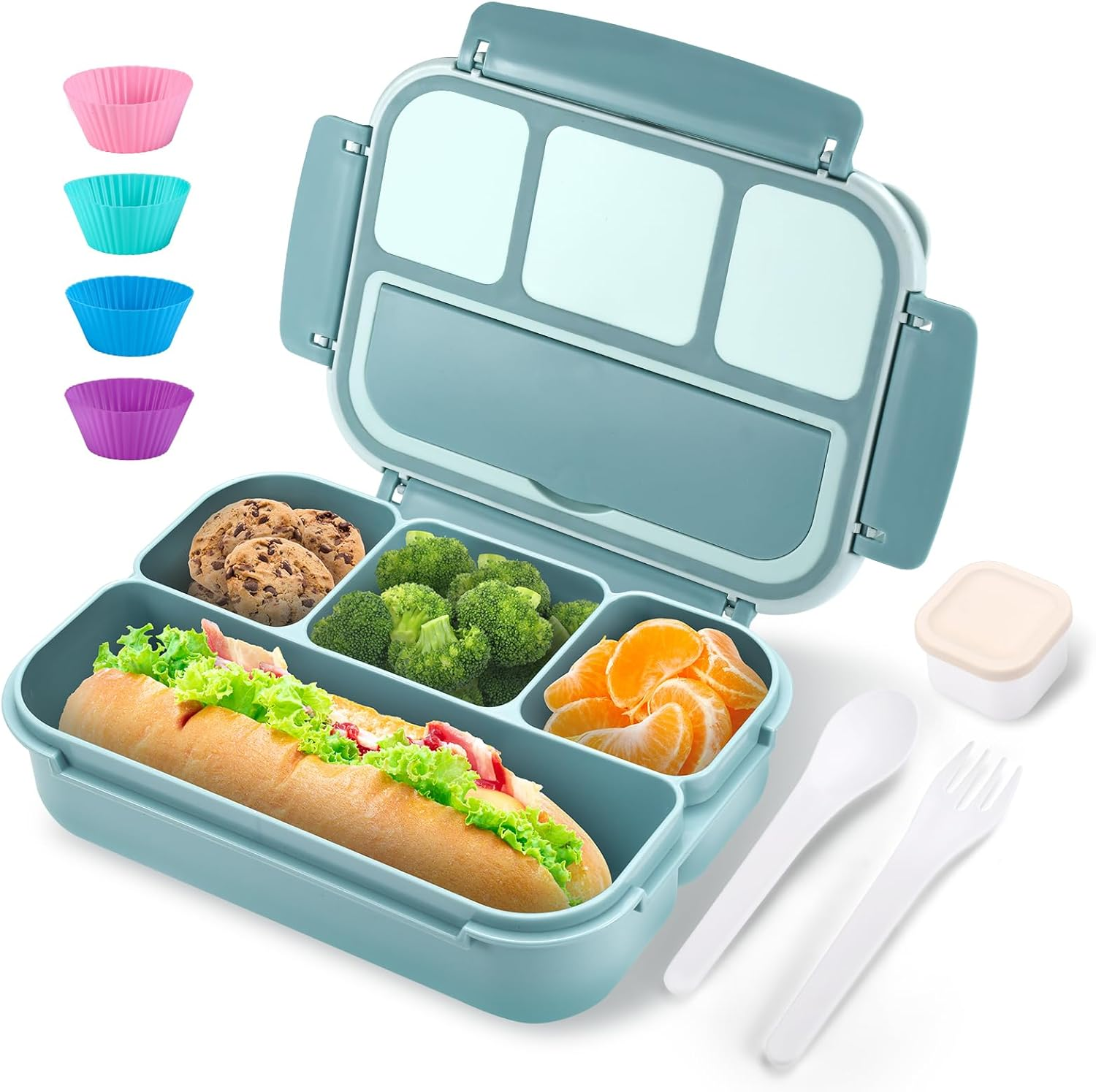 Bento Box Adult Lunch Box for Men Women, Bento Lunch Box for Kids Boys Girls School, Lunch Containers for Adults with 4 Compartments, Utensil Set, Sauce Container, Muffin Cup, Green image number 1